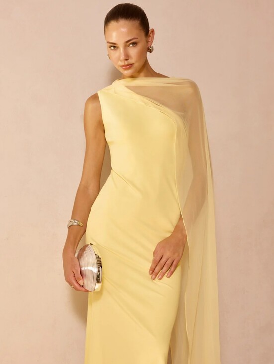 Commense Dresses & Skirts - Commense Light Yellow Sheer Drape Slim Maxi Dress Size M